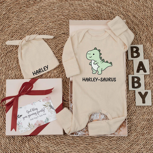 Cute Harley-Saurus Baby Bodysuit Funny Dinosaur Newborn Outfit Light Green White Belly Custom Name Baby Shower Gift