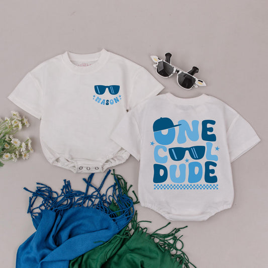 Cool Dude First Birthday Romper Personalized with Name, Blue Sunglasses Baby Boy Outfit, One Cool Dude Checkered Party Outfit Custom Star Design (139 chars)