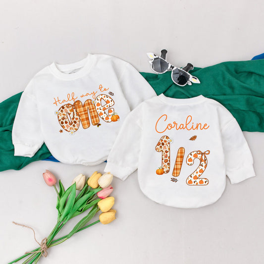 Half Way to One Pumpkin Romper 6 Months Birthday Outfit Baby Girl Thanksgiving Clothes Custom Name Fall Festive Gift