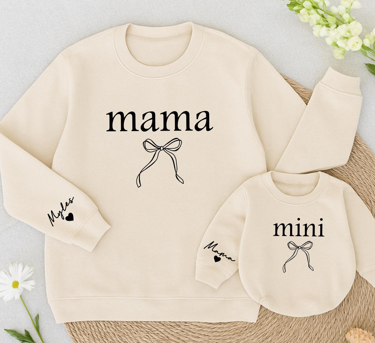 Mama and Mini Matching Sweatshirts with Bow, Modern Mother Daughter Outfits, Best Gifts for Mom, Toddler Girl Sweaters, Minimalist Matching Outfit 138