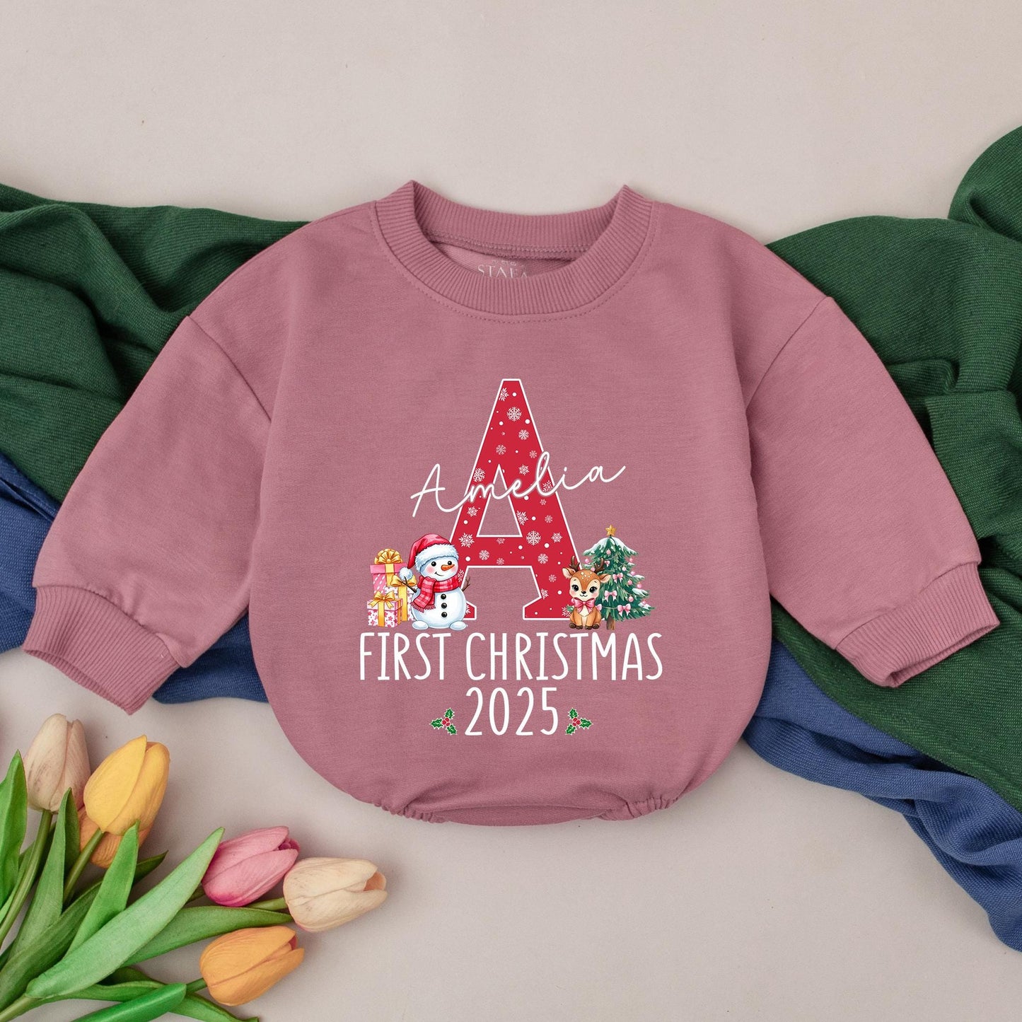 Amelia's First Christmas Baby Romper with Red A Snowflake Custom Name 2025 Holly Snowman Reindeer Baby Clothes Winter Outfit
