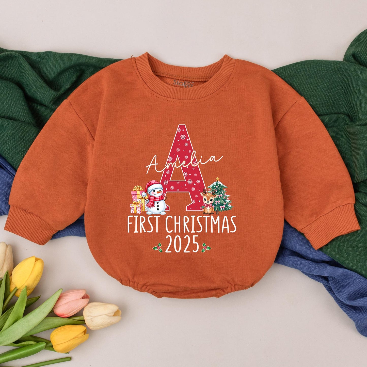 Amelia's First Christmas Baby Romper with Red A Snowflake Custom Name 2025 Holly Snowman Reindeer Baby Clothes Winter Outfit