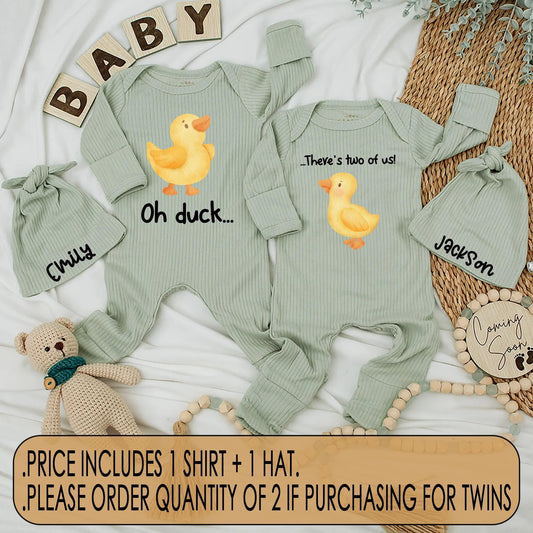 Cute Twin Baby Bodysuits Set: Oh Duck There's Two Of Us! Matching Newborn Outfits, Funny Chick Shower Gift Clothes, Unique Duckling Design (138 chars)