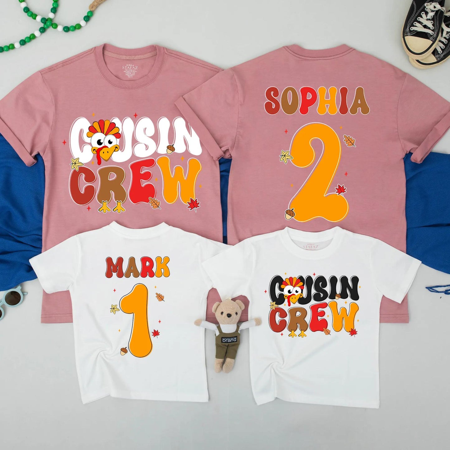 Thanksgiving Cousin Crew Matching Shirts Retro Turkey Design Playful Bubbly Font Personalized Name Family Outfits Kids Toddler Baby First Fall Holiday