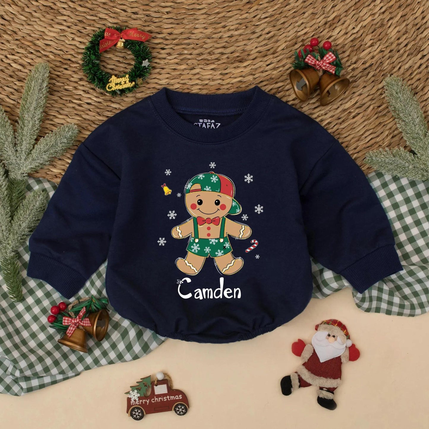 Personalized Gingerbread Christmas Romper: Camden & Caroline, Custom Holiday Outfit for Baby Girl Boy, Cute Xmas Sweatshirt, Matching Sibling Gift