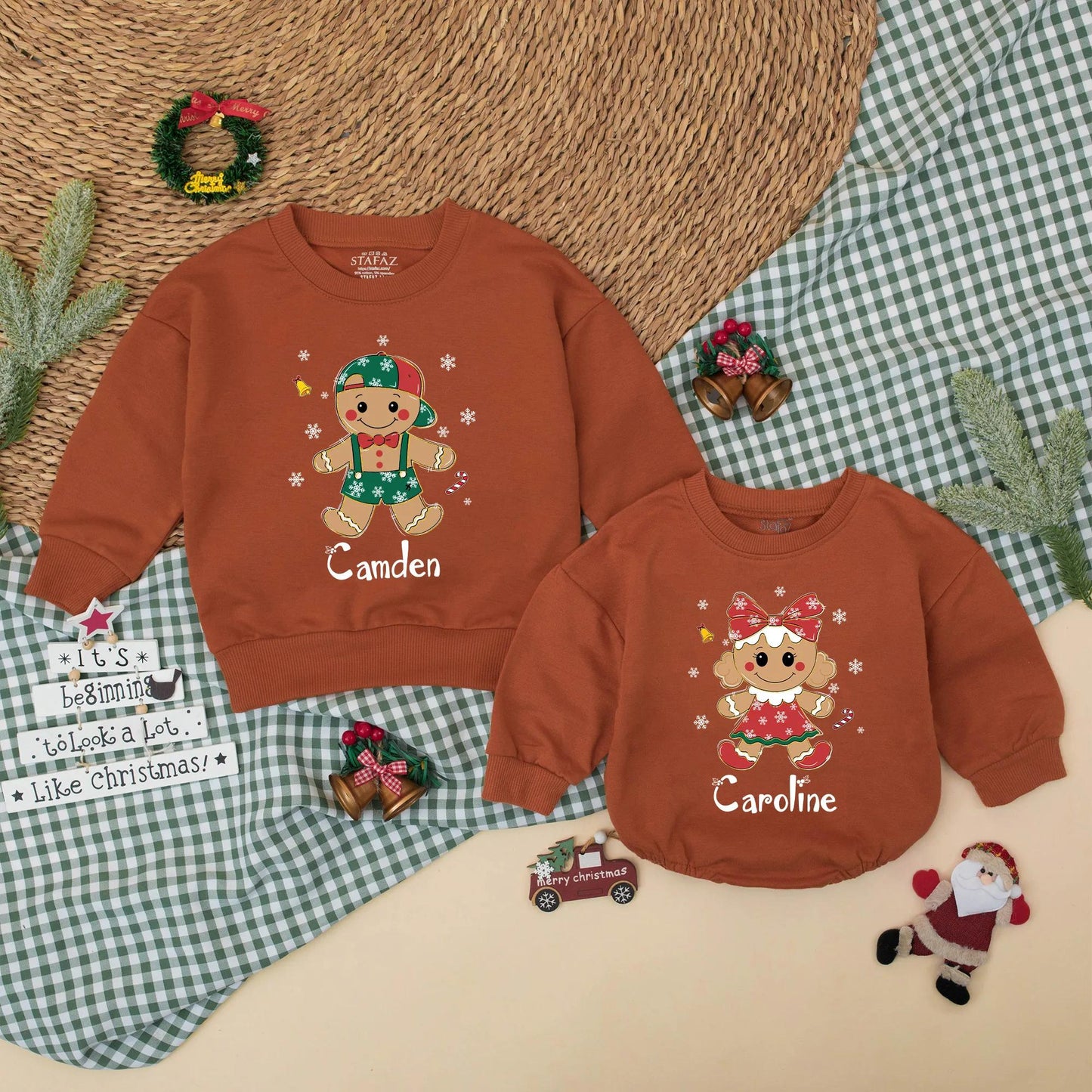 Personalized Gingerbread Christmas Romper: Camden & Caroline, Custom Holiday Outfit for Baby Girl Boy, Cute Xmas Sweatshirt, Matching Sibling Gift
