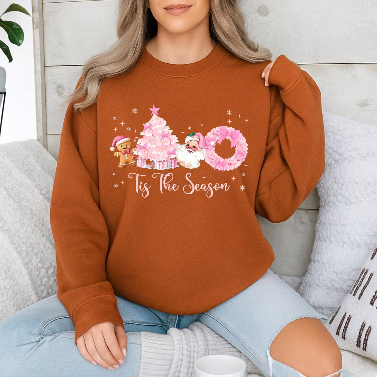 Cute Pink Christmas Tis The Season Sweatshirt featuring Vintage Santa, Festive Pink Tree, Gingerbread Man, and Merry Holiday Crewneck Sweater