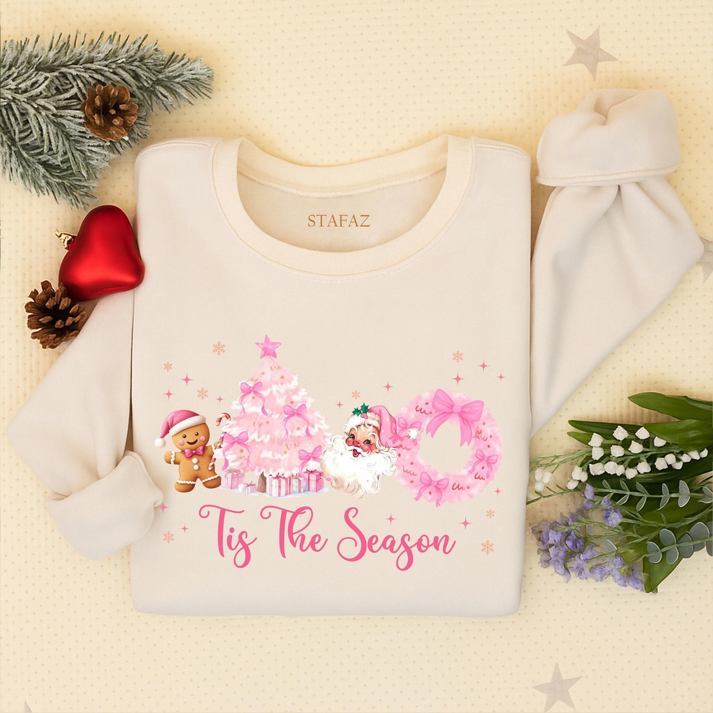 Cute Pink Christmas Tis The Season Sweatshirt featuring Vintage Santa, Festive Pink Tree, Gingerbread Man, and Merry Holiday Crewneck Sweater