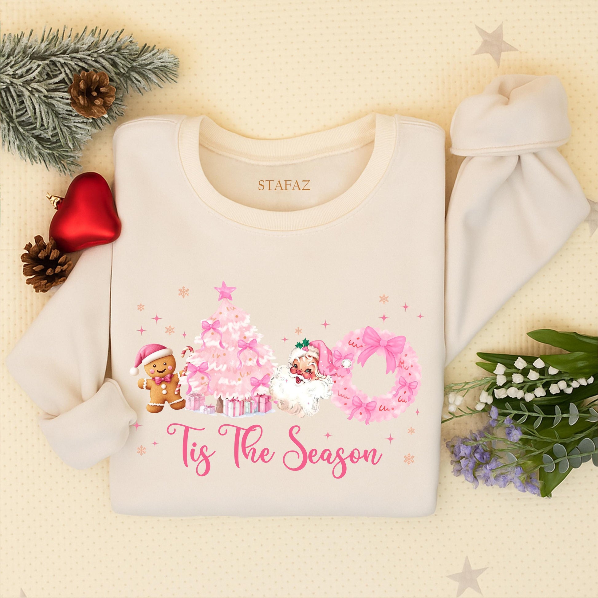 Cute Pink Christmas Tis The Season Sweatshirt featuring Vintage Santa, Festive Pink Tree, Gingerbread Man, and Merry Holiday Crewneck Sweater