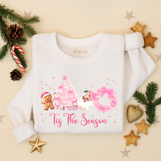Cute Pink Christmas Tis The Season Sweatshirt featuring Vintage Santa, Festive Pink Tree, Gingerbread Man, and Merry Holiday Crewneck Sweater