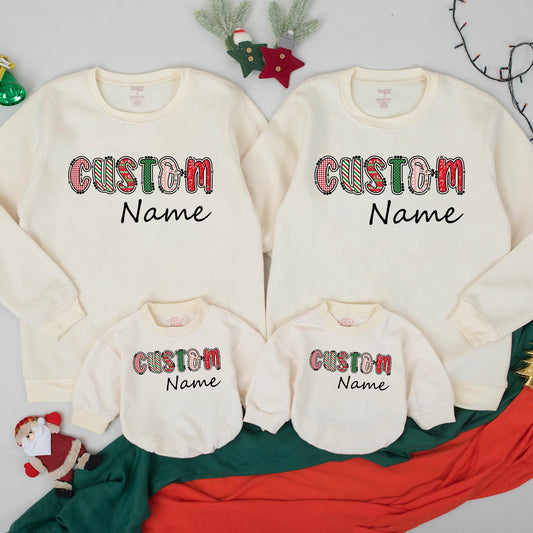 Retro Christmas Custom Name Bubble Romper Festive Plaid & Sweater Patterns Personalized Xmas Family Outfit Toddler Girl First Christmas Gift