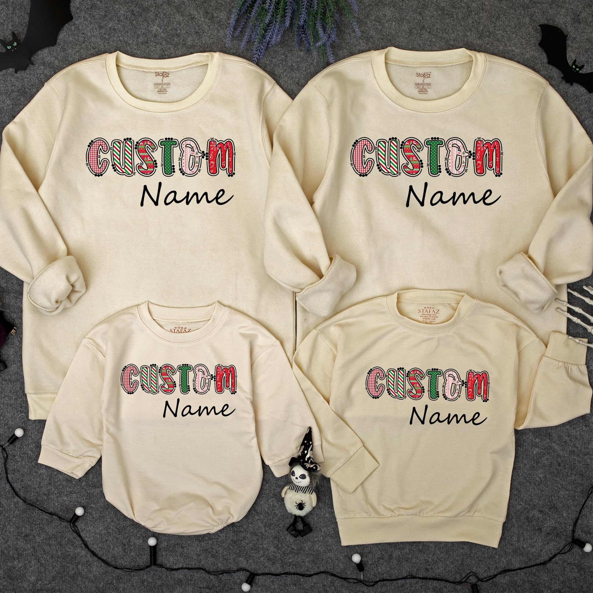 Retro Christmas Custom Name Bubble Romper Festive Plaid & Sweater Patterns Personalized Xmas Family Outfit Toddler Girl First Christmas Gift