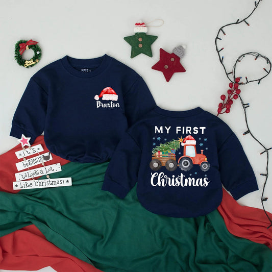 Personalized Baby's 1st Christmas Romper, Vintage Tractor Xmas Outfit, Custom Name, Red Santa Hat Bodysuit, Infant Clothes, Cute Holiday Gift 138