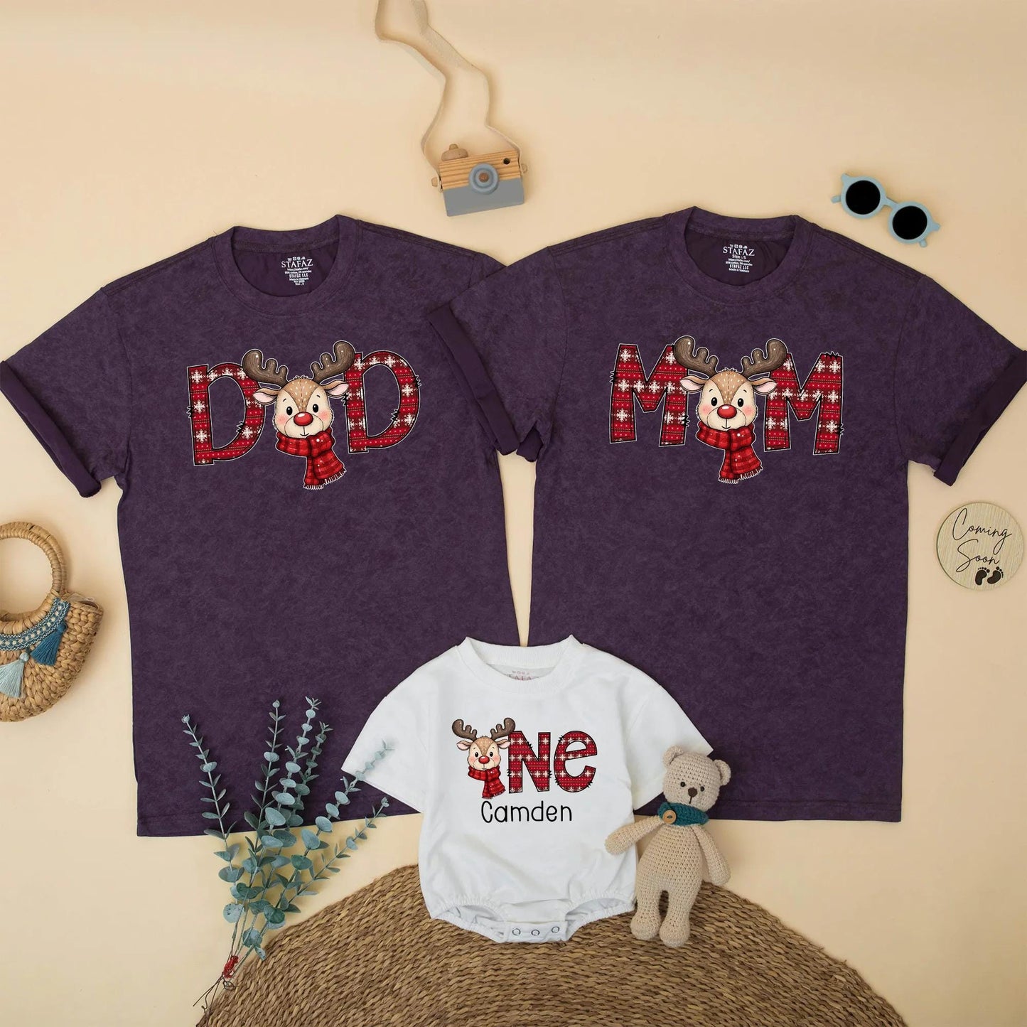 Reindeer Family Christmas Shirts, Plaid First Birthday Outfit, Matching Holiday Xmas Party Tee, Baby One Year Old Gift, Cheerful Red & Green