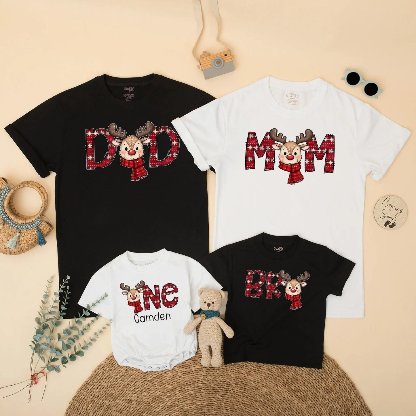 Reindeer Family Christmas Shirts, Plaid First Birthday Outfit, Matching Holiday Xmas Party Tee, Baby One Year Old Gift, Cheerful Red & Green