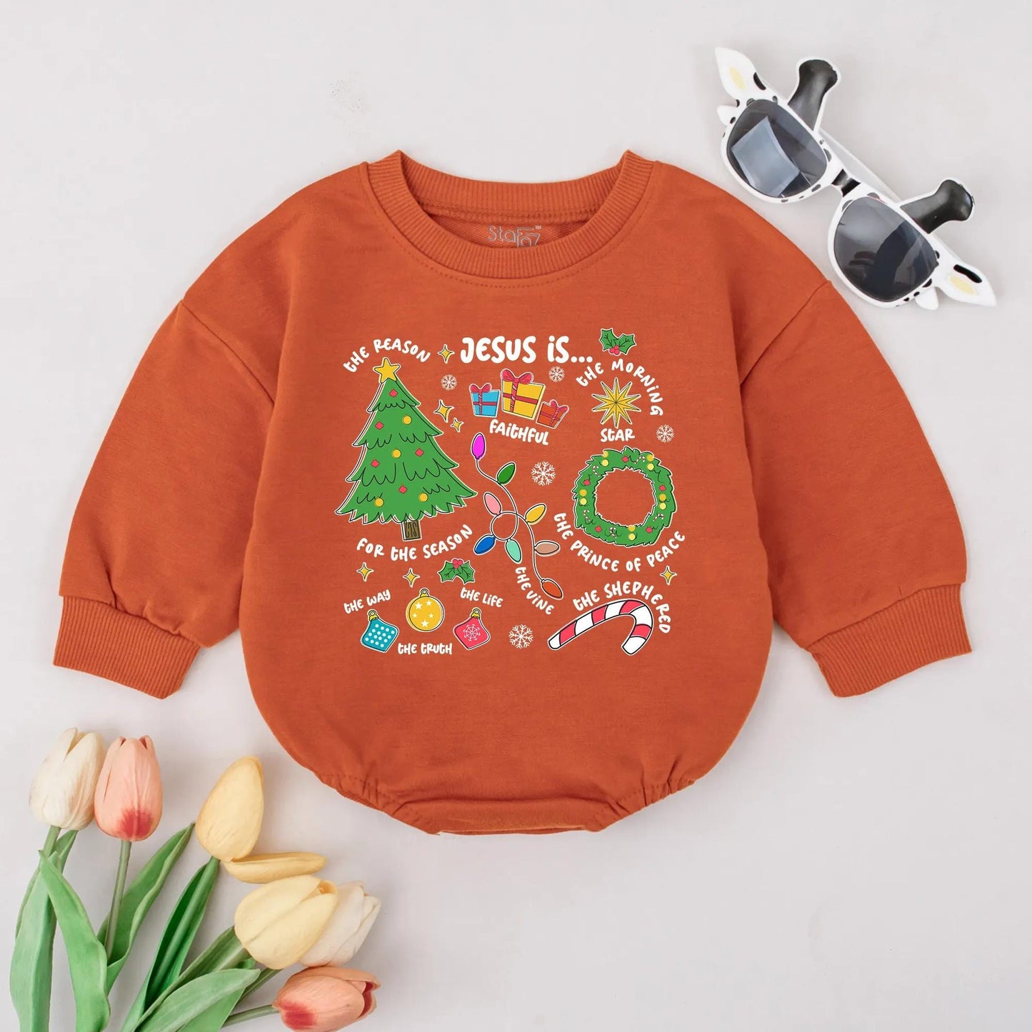 Jesus is the Reason Romper Christian Christmas Bodysuit Whimsical Nativity Baby Outfit Bright Colors Snowflake Stars Newborn Gift Jesus Prince of Peace Faith