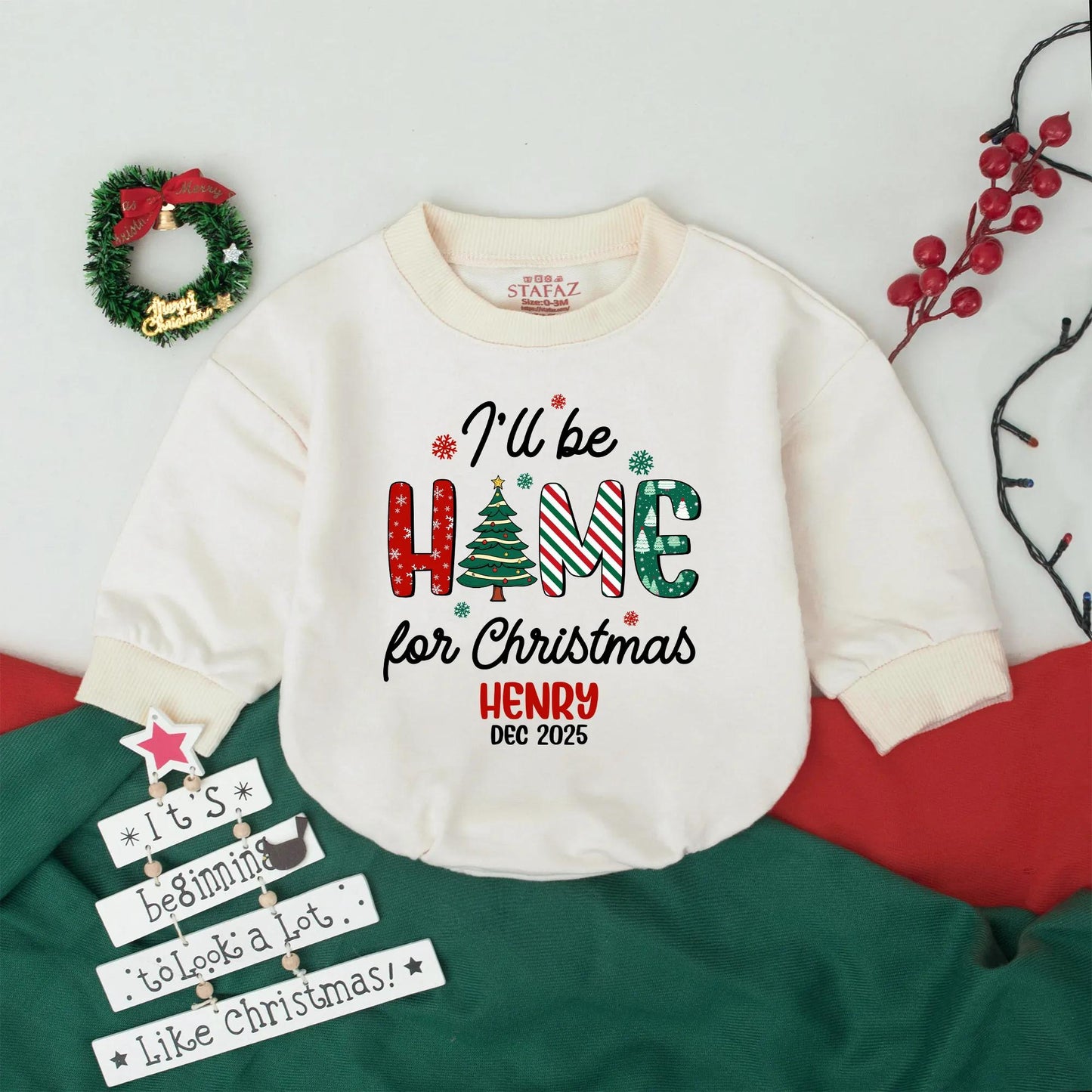 I'll Be Home For Christmas Bubble Romper Baby Girl Boy Retro Holiday Outfit Henry Dec 2025 Infant Festive Announcement Gift