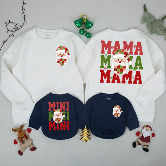 Santa Mama & Mini Matching Christmas Sweatshirts Cute Cartoon Santa Family Holiday Outfits Cozy Xmas Gift for Mom and Baby