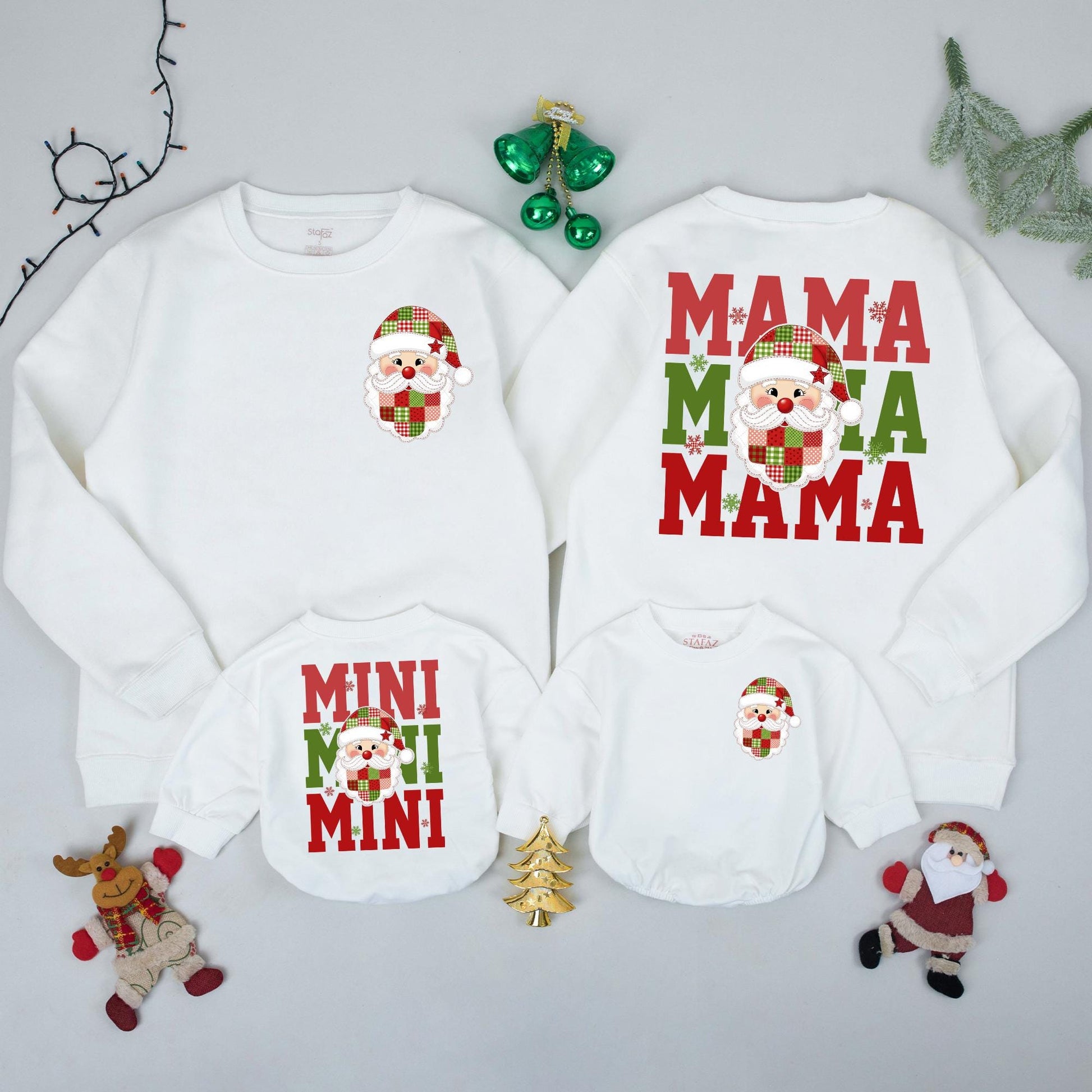 Santa Mama & Mini Matching Christmas Sweatshirts Cute Cartoon Santa Family Holiday Outfits Cozy Xmas Gift for Mom and Baby