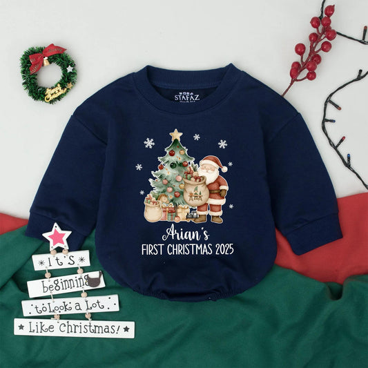 Personalized Baby's 1st Christmas Romper: Retro Santa & Tree, Custom Name Outfit, Holiday Infant Bodysuit, Vintage Xmas Newborn Gift, 2025 Date (137)
