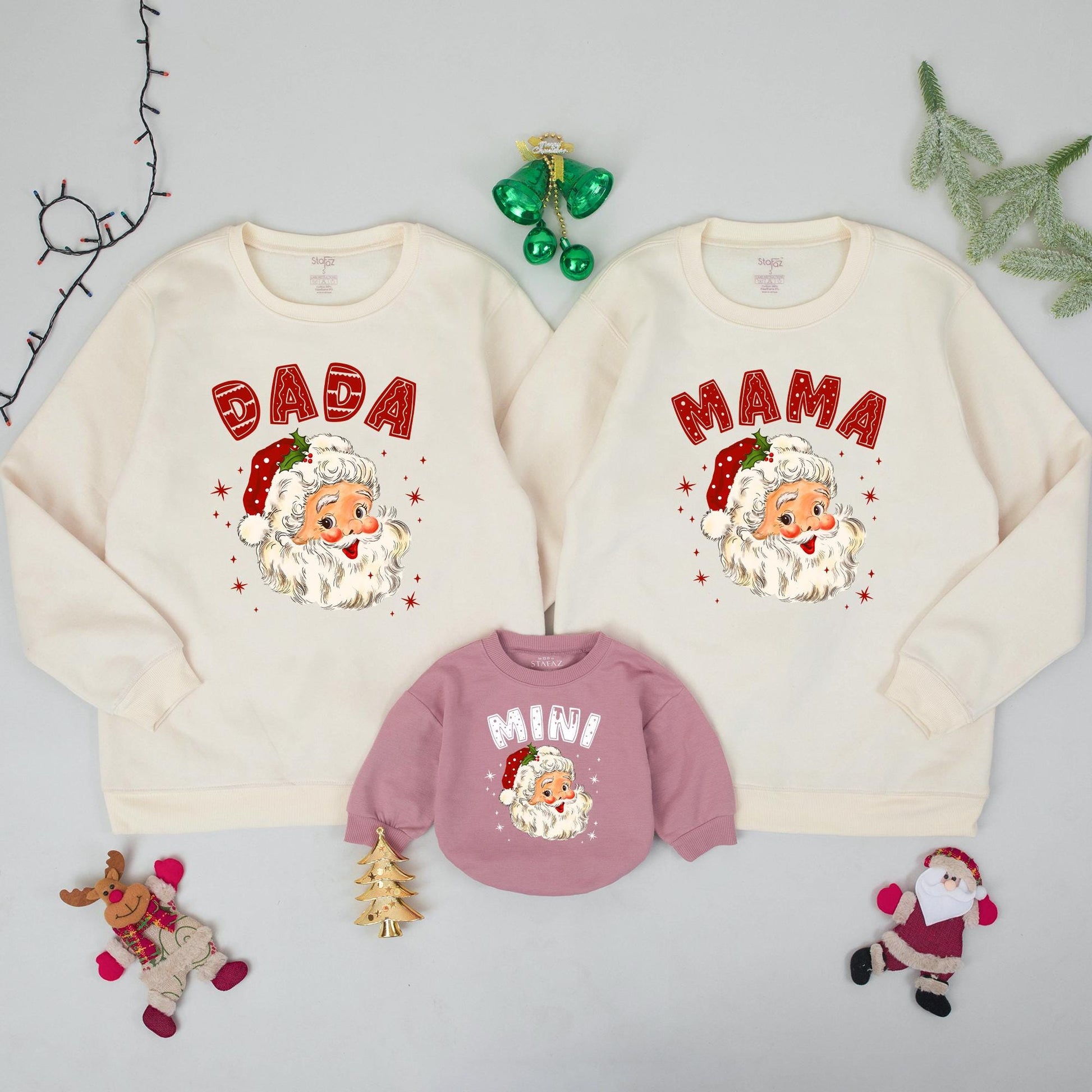 Retro Santa Claus Family Matching Sweatshirts Daddy Mommy Mini Holiday Outfits Baby's First Christmas Gift Whimsical Vintage Style