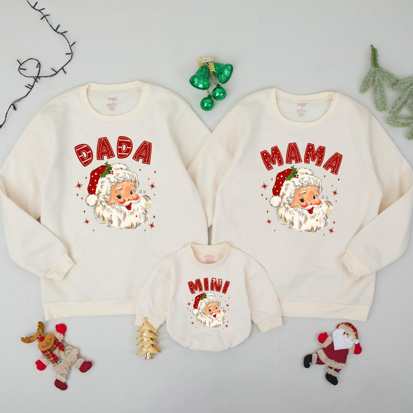 Retro Santa Claus Family Matching Sweatshirts Daddy Mommy Mini Holiday Outfits Baby's First Christmas Gift Whimsical Vintage Style