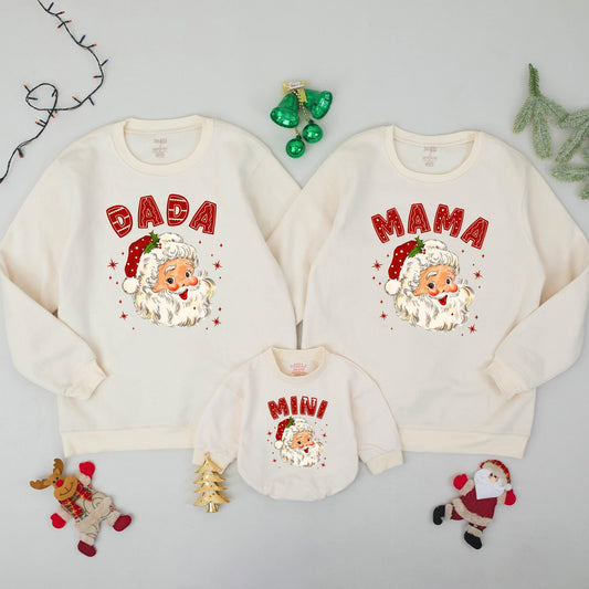 Retro Santa Claus Family Matching Sweatshirts Daddy Mommy Mini Holiday Outfits Baby's First Christmas Gift Whimsical Vintage Style