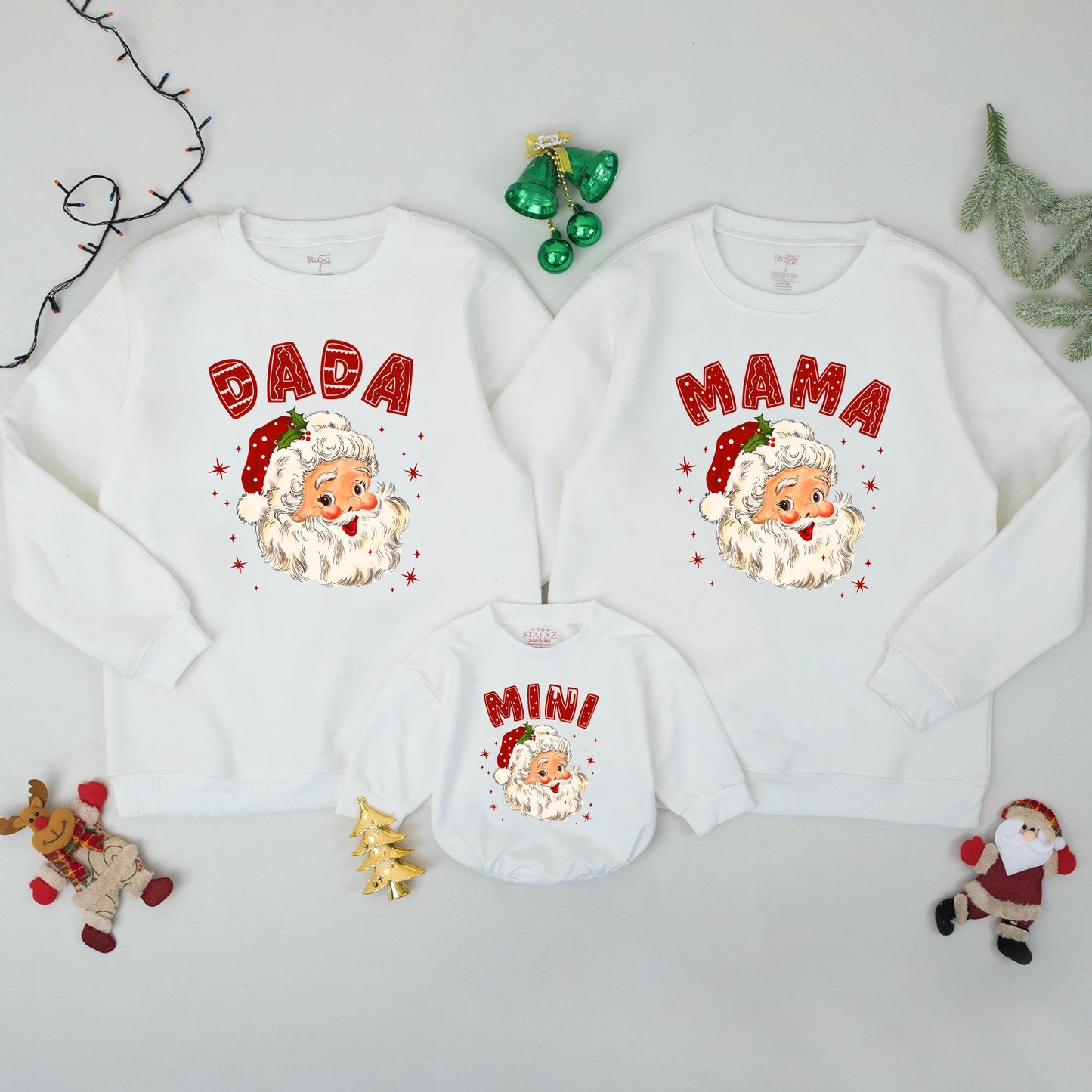 Retro Santa Claus Family Matching Sweatshirts Daddy Mommy Mini Holiday Outfits Baby's First Christmas Gift Whimsical Vintage Style