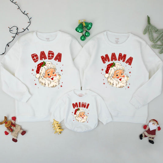 Retro Santa Claus Family Matching Sweatshirts Daddy Mommy Mini Holiday Outfits Baby's First Christmas Gift Whimsical Vintage Style