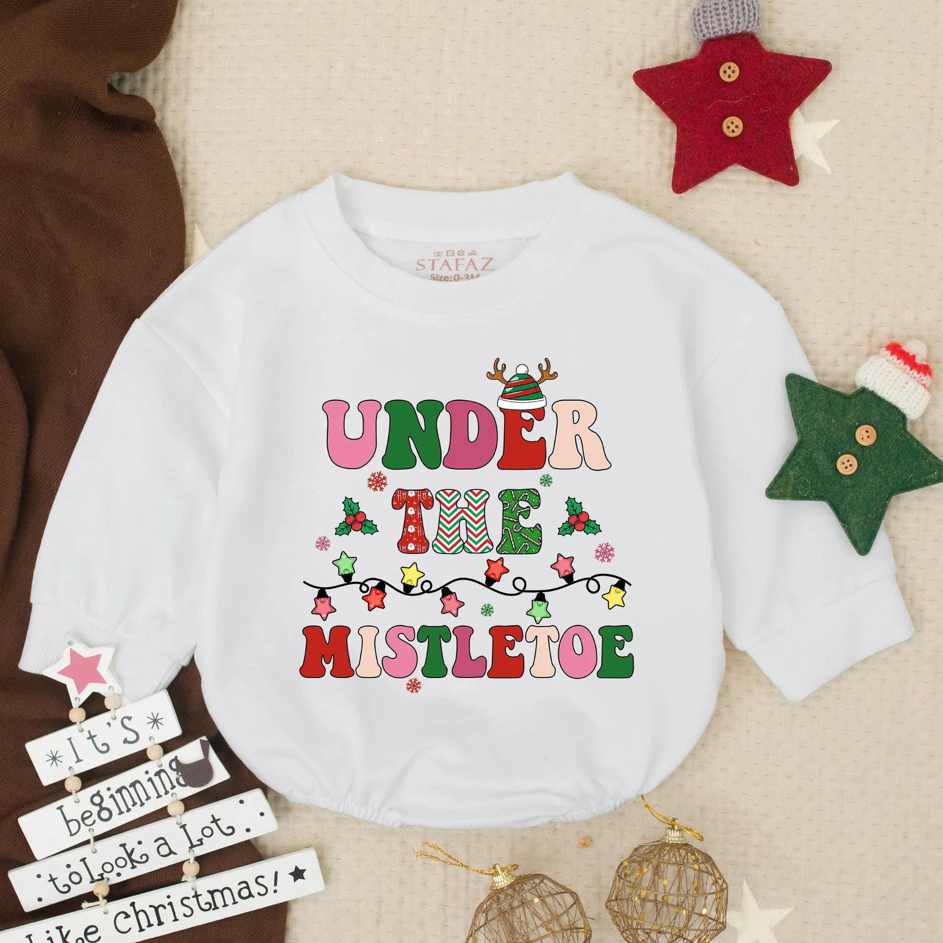 First Christmas Infant Bubble Romper Under Mistletoe Print Baby Girl Holiday Outfit Newborn Toddler Winter Bodysuit Holly Snowflake Gift