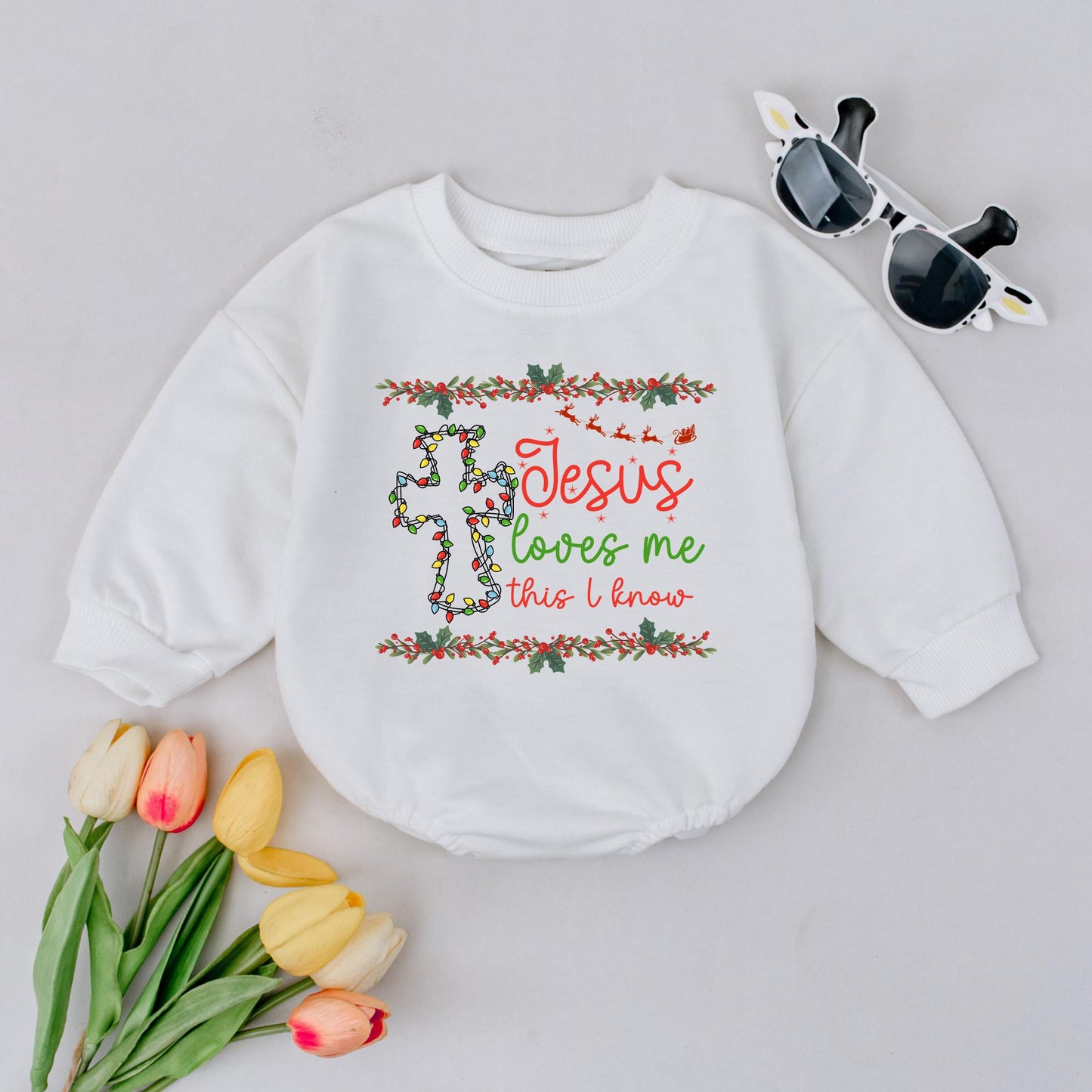 Jesus Loves Me Bubble Romper Christian Christmas Bodysuit Cute Santa Sleigh First Christmas Baby Girl Boy Outfit Religious Faith Based Gift