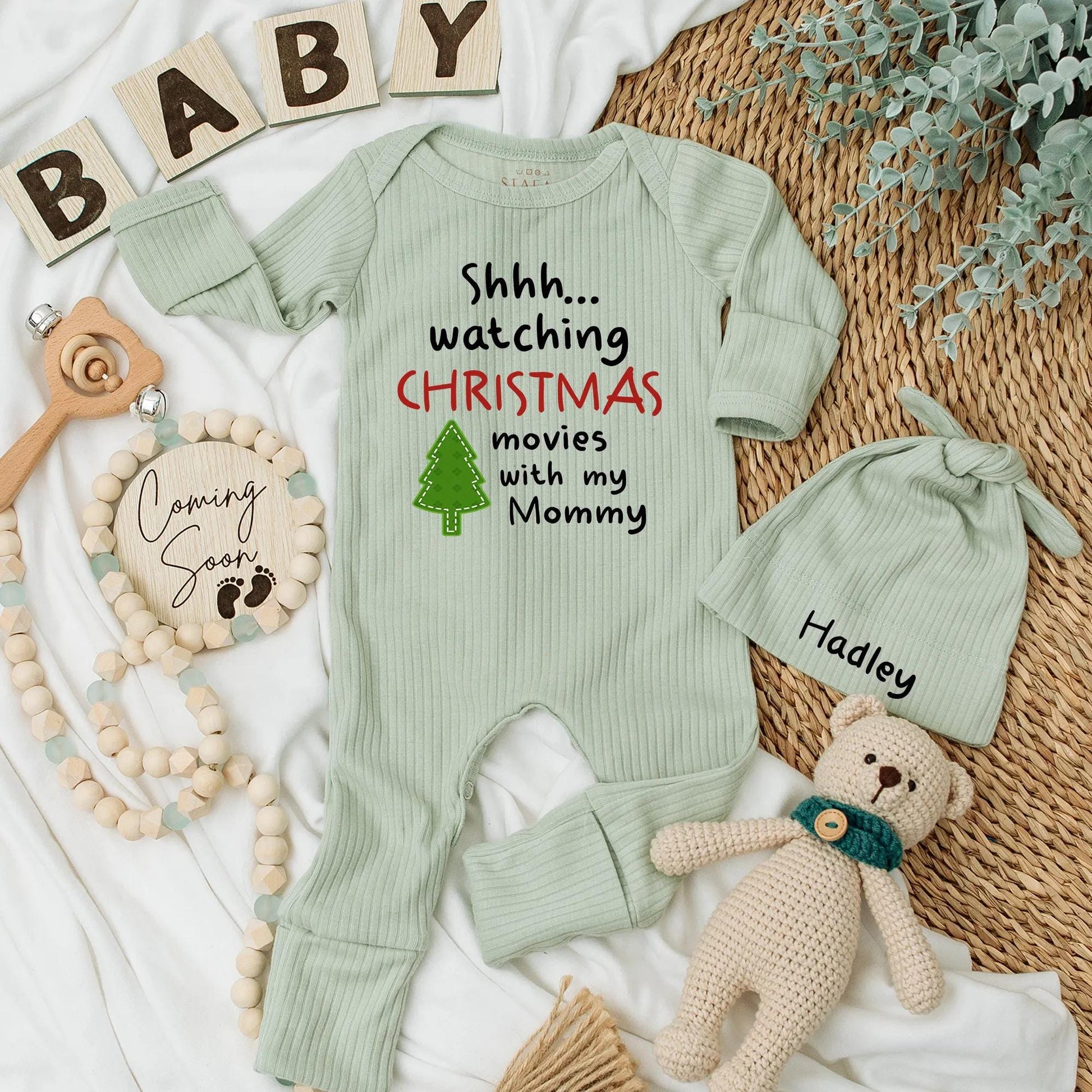 Shhh Watching Christmas Movies with Mommy Baby Bodysuit First Christmas Outfit Newborn Girl Boy Gift, Christmas Tree Baby Clothes