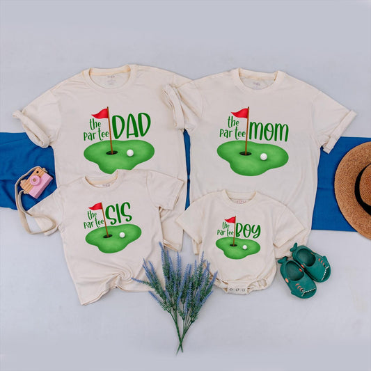 The Par-Tee Birthday Matching Family Golf Shirts: Cartoon Green with Red Flag, Personalized Boy or Girl First Birthday Outfit, Golf Party Tees (DAD, MOM, SIS)