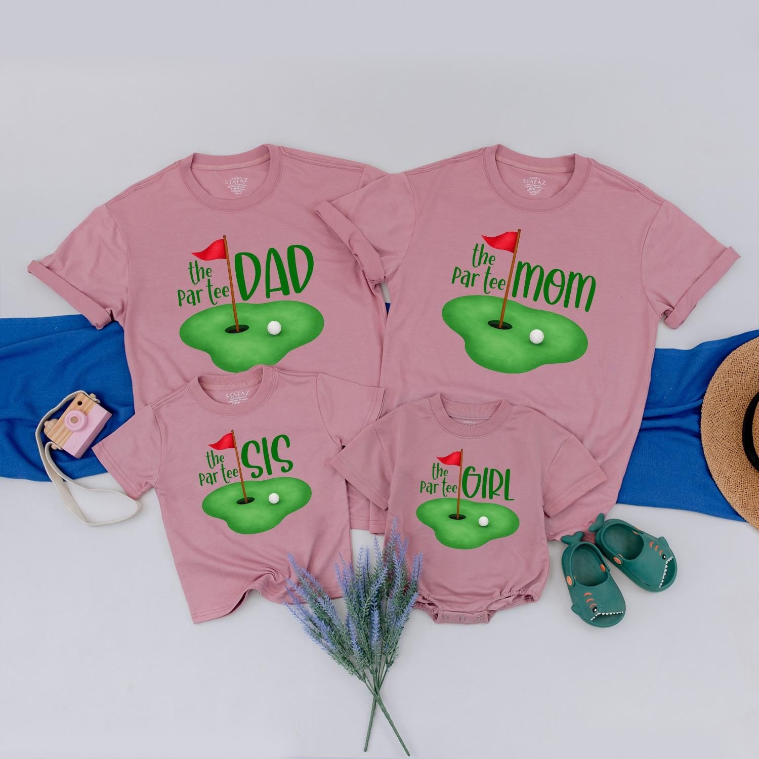 The Par-Tee Birthday Matching Family Golf Shirts: Cartoon Green with Red Flag, Personalized Boy or Girl First Birthday Outfit, Golf Party Tees (DAD, MOM, SIS)