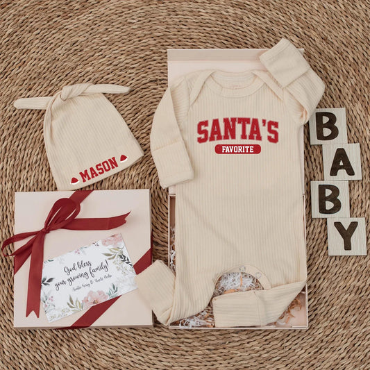 Personalized Santa's Favorite Baby Bodysuit Newborn Christmas Announcement Outfit Holiday Shower Gift Red Varsity Style