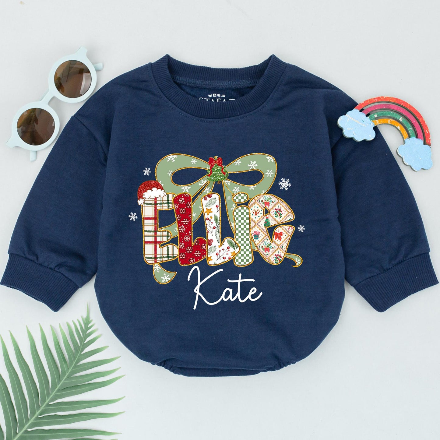 Ellie & Kate Personalized Christmas Romper Baby Girl Outfit Retro Bow Bodysuit Winter Holiday Xmas Clothes Custom First Christmas Gift