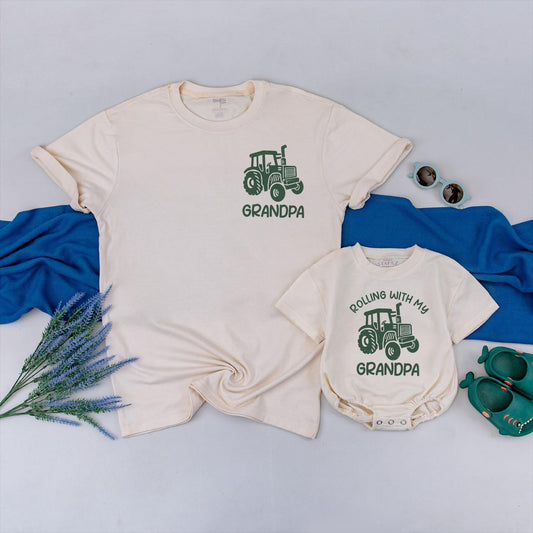 Rolling with Grandpa Tractor Matching Shirts, Cute Grandson & Grandpa Tees, Father's Day Gift, Tractor Family Outfits, Baby Toddler Grandpa Tee