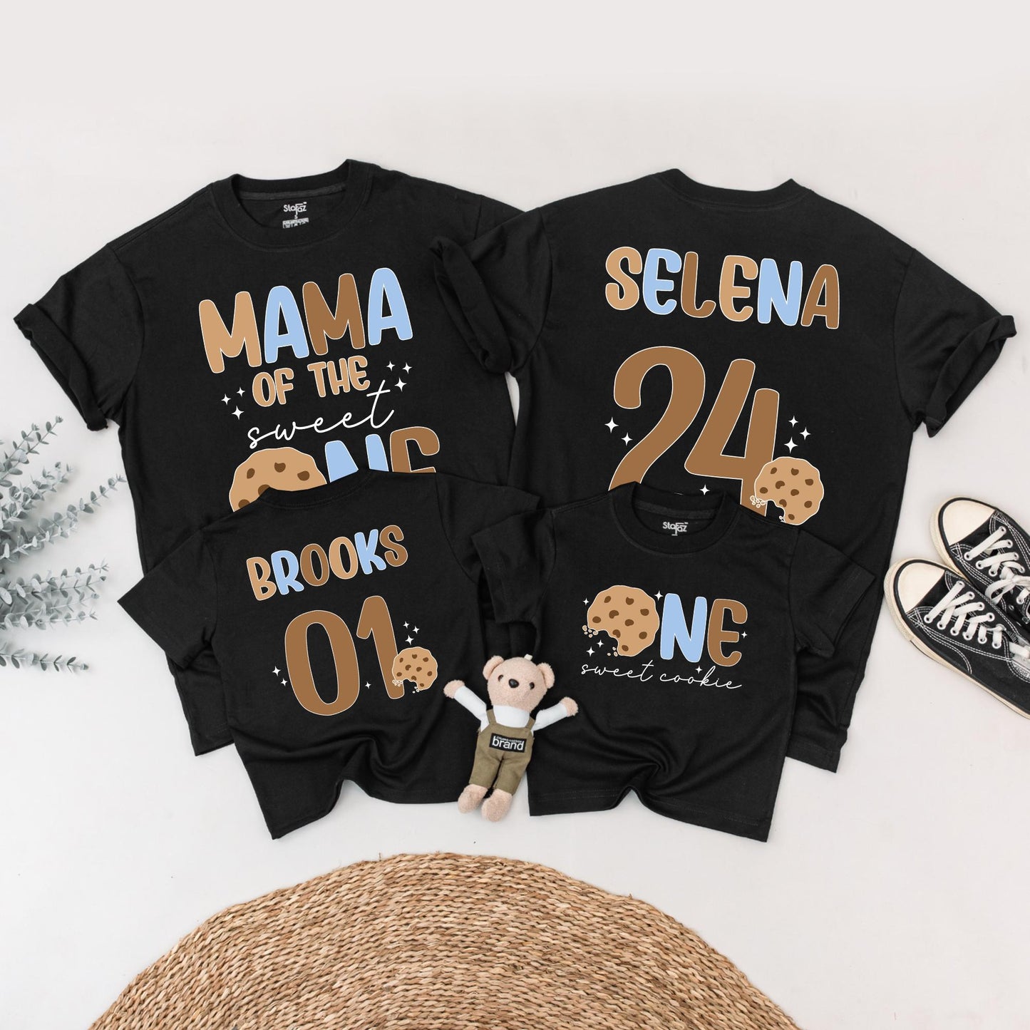 Sweet One Boy First Birthday Outfit, Milk and Cookies Tee, Retro Cookie Design Matching Family Birthday Shirts, Playful 1st Bday Top, Brown & Blue Text (139 chars)