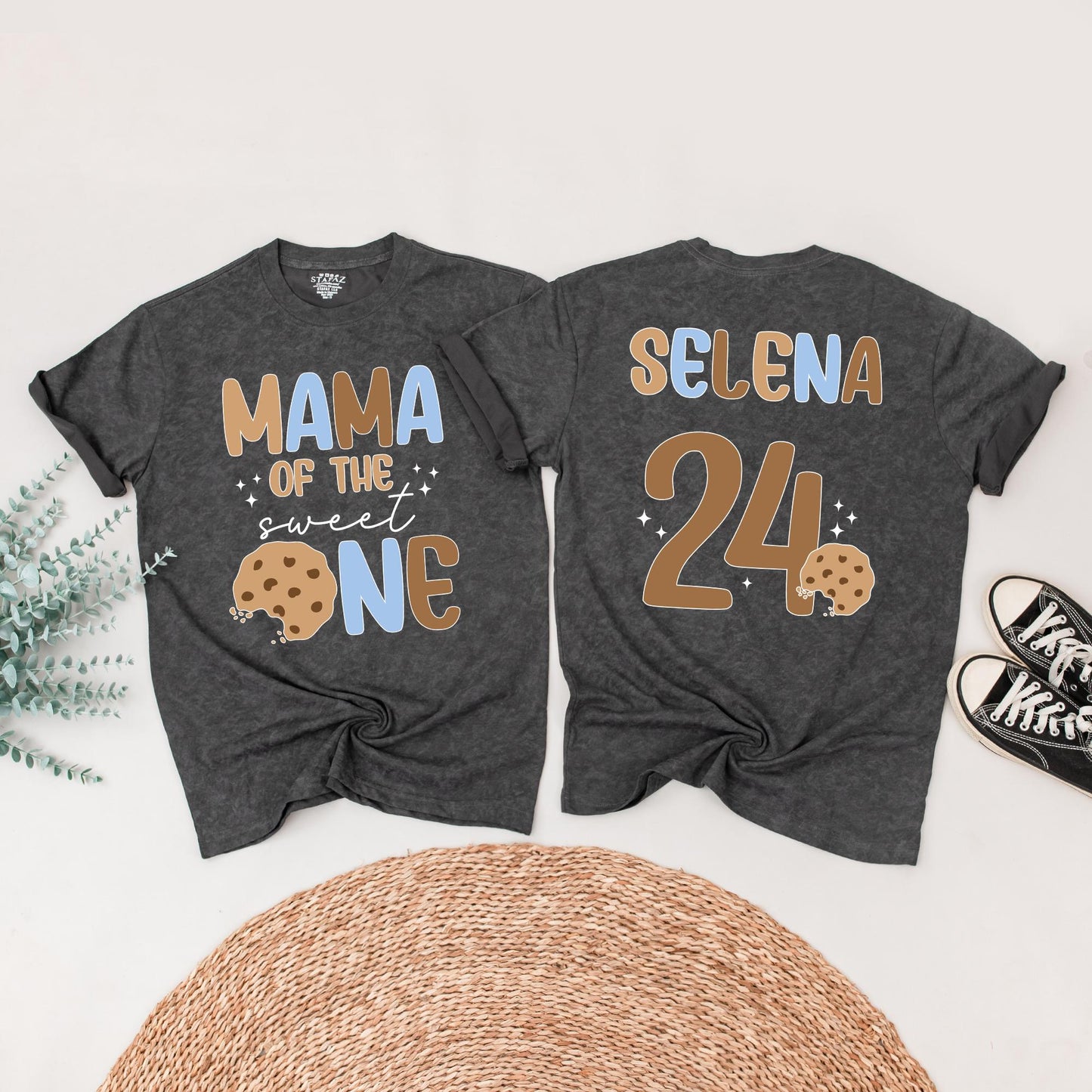 Sweet One Boy First Birthday Outfit, Milk and Cookies Tee, Retro Cookie Design Matching Family Birthday Shirts, Playful 1st Bday Top, Brown & Blue Text (139 chars)