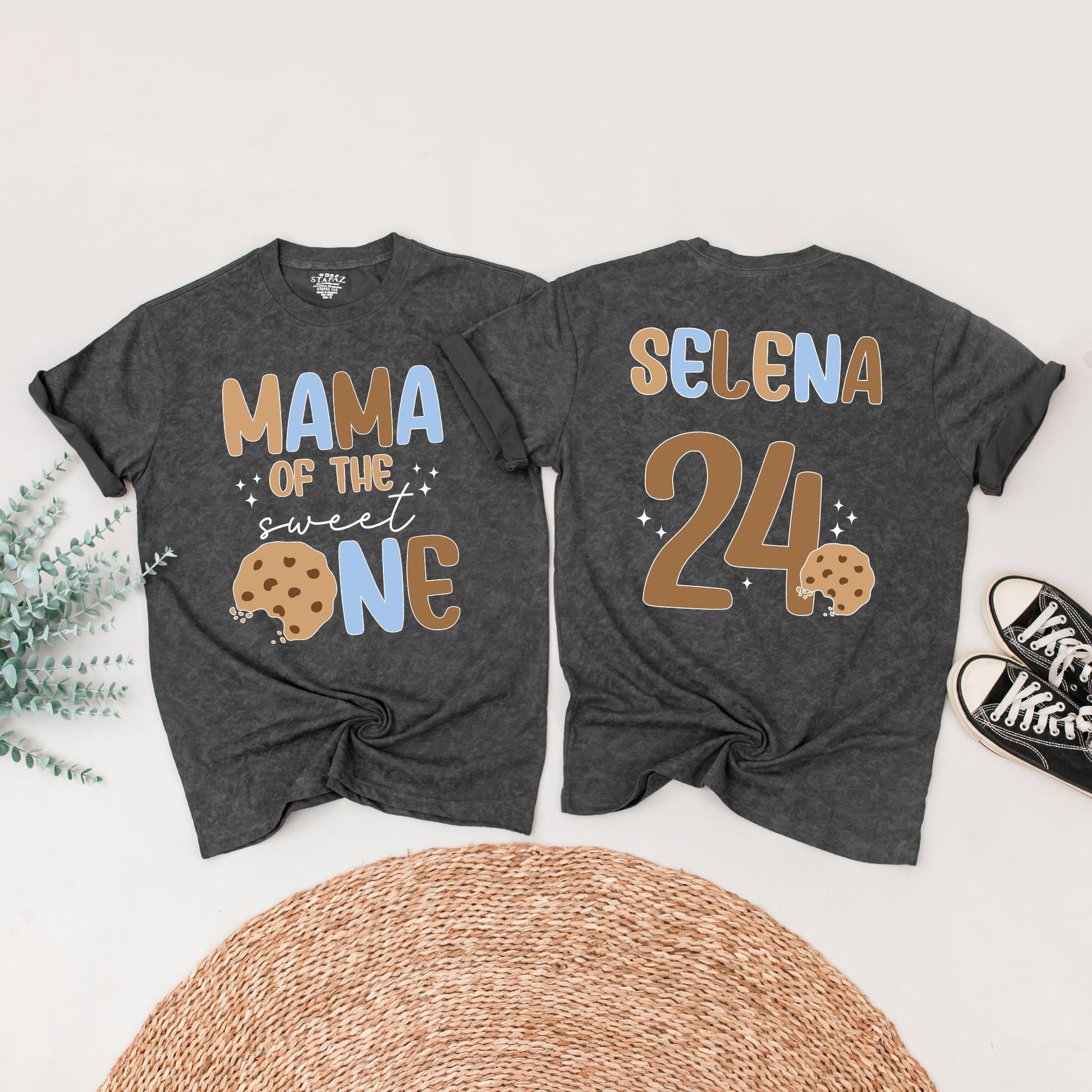 Sweet One Boy First Birthday Outfit, Milk and Cookies Tee, Retro Cookie Design Matching Family Birthday Shirts, Playful 1st Bday Top, Brown & Blue Text (139 chars)