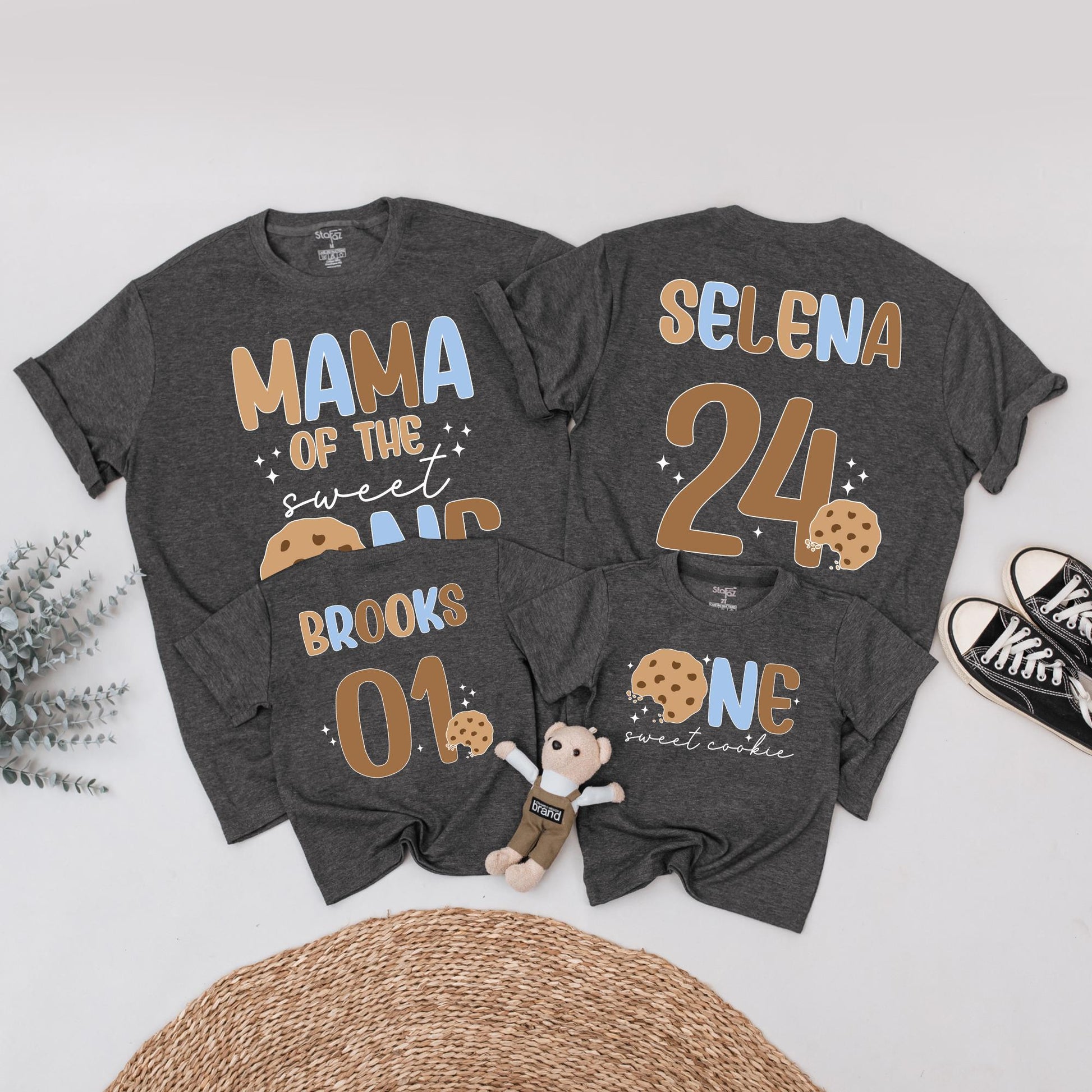 Sweet One Boy First Birthday Outfit, Milk and Cookies Tee, Retro Cookie Design Matching Family Birthday Shirts, Playful 1st Bday Top, Brown & Blue Text (139 chars)