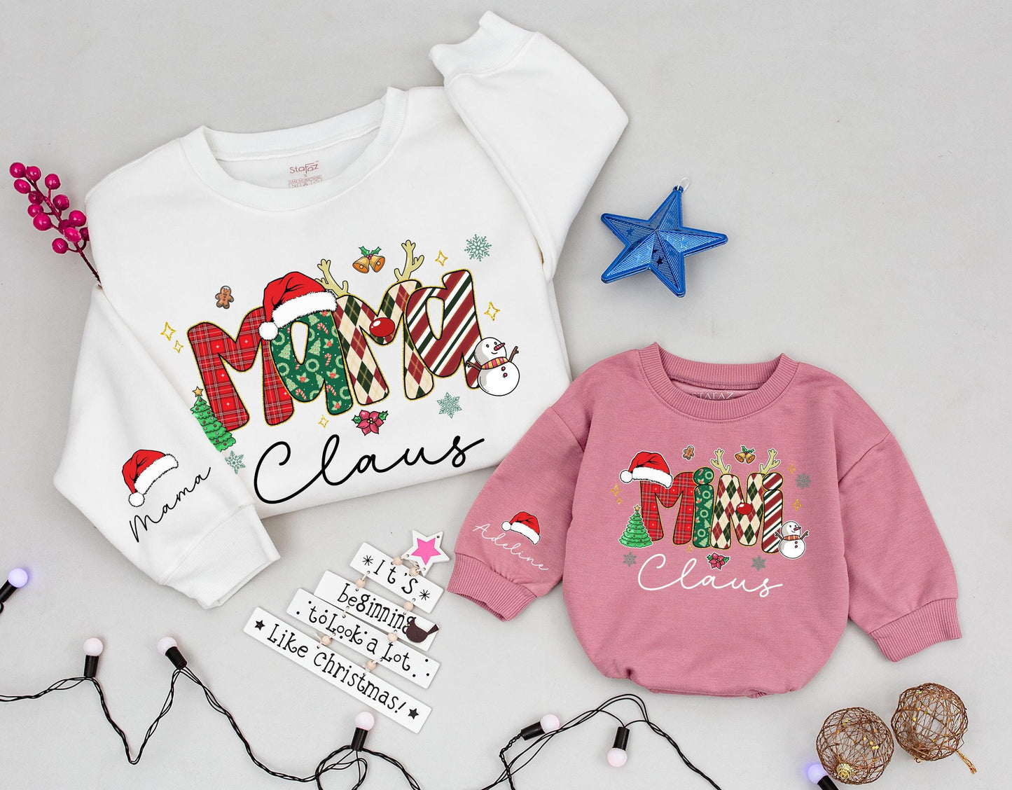 Mama Claus & Mini Claus Matching Christmas Sweatshirts Whimsical Holiday Outfits with Plaid Stripes Ornaments Snowflakes Trees Family Joyful Custom Gift