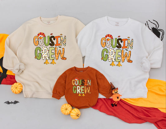 Cousin Crew Thanksgiving Sweatshirt Festive Turkey & Fall Pattern Letters Gingham Acorn Leaf Filled Fun Family Matching Gobble Gobble Outfit