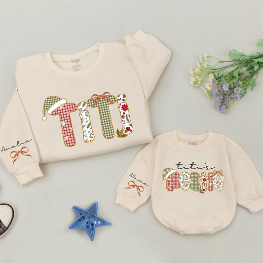 Custom Titi and Titi's Bestie Christmas Sweatshirts Whimsical Plaid Floral Festive Holiday Matching Auntie Niece Gift