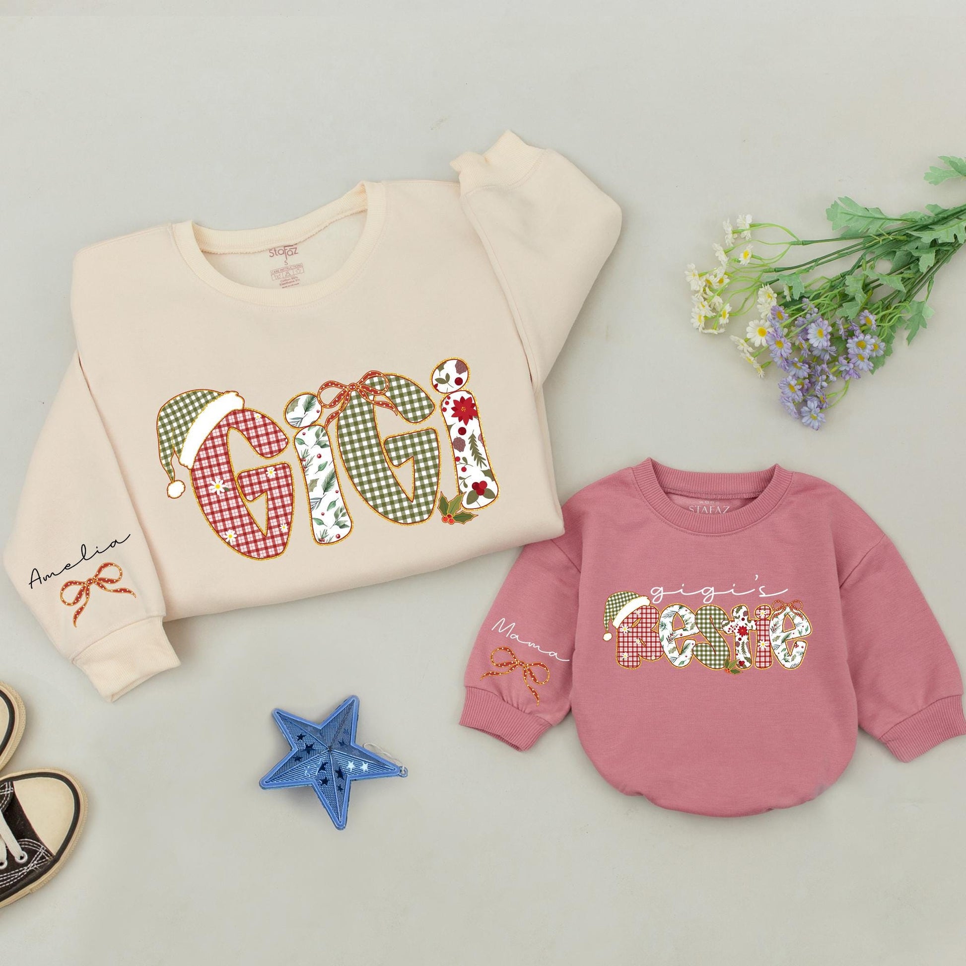 Gigi & Bestie Christmas Sweatshirts: Custom Name Holiday Plaid Lettering, Matching Aunt Niece Outfit, Whimsical Santa Hat Gift, Xmas Grandma Shirt (138)