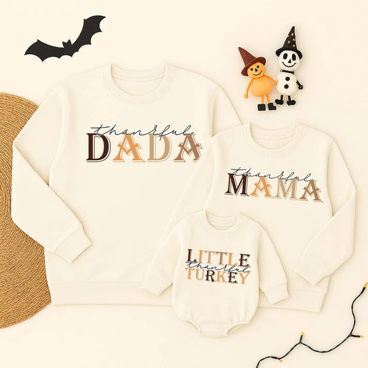 Thankful Mama and Mini Mommy and Me Thanksgiving Sweatshirts Brown Autumn Hues Fall Apparel Cursive Block Font Vintage Modern Style