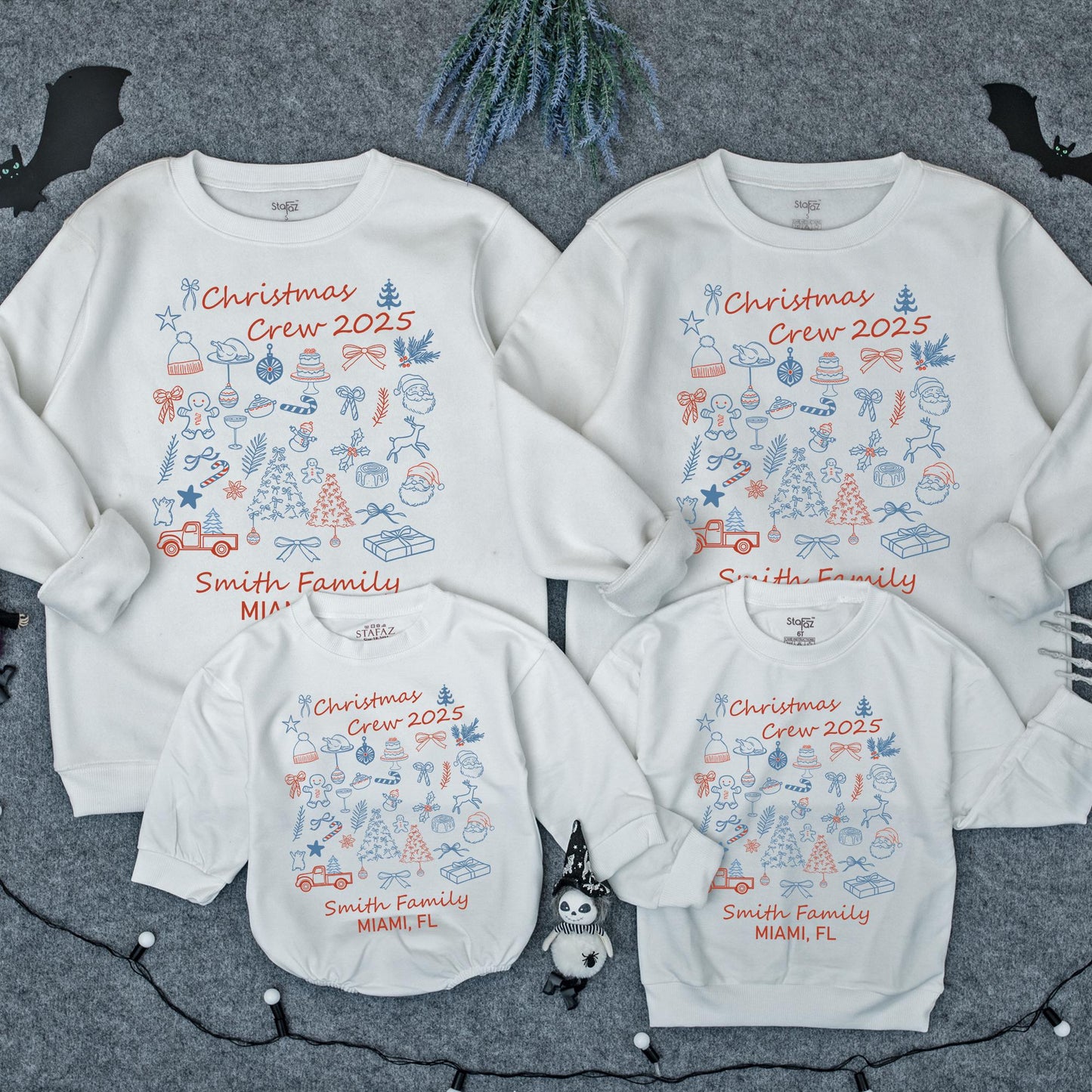 Custom Matching Family Christmas Crew 2025 Sweatshirt Whimsical Red Blue Illustrations Festive Smith Family Name Holiday Outfit