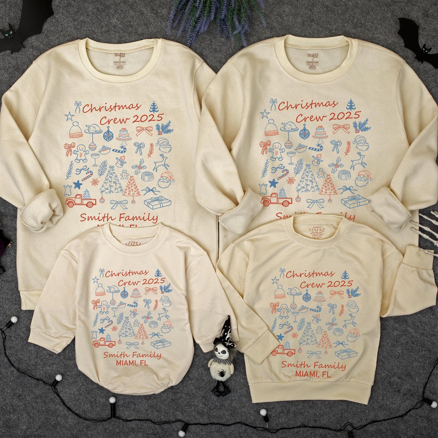 Custom Matching Family Christmas Crew 2025 Sweatshirt Whimsical Red Blue Illustrations Festive Smith Family Name Holiday Outfit