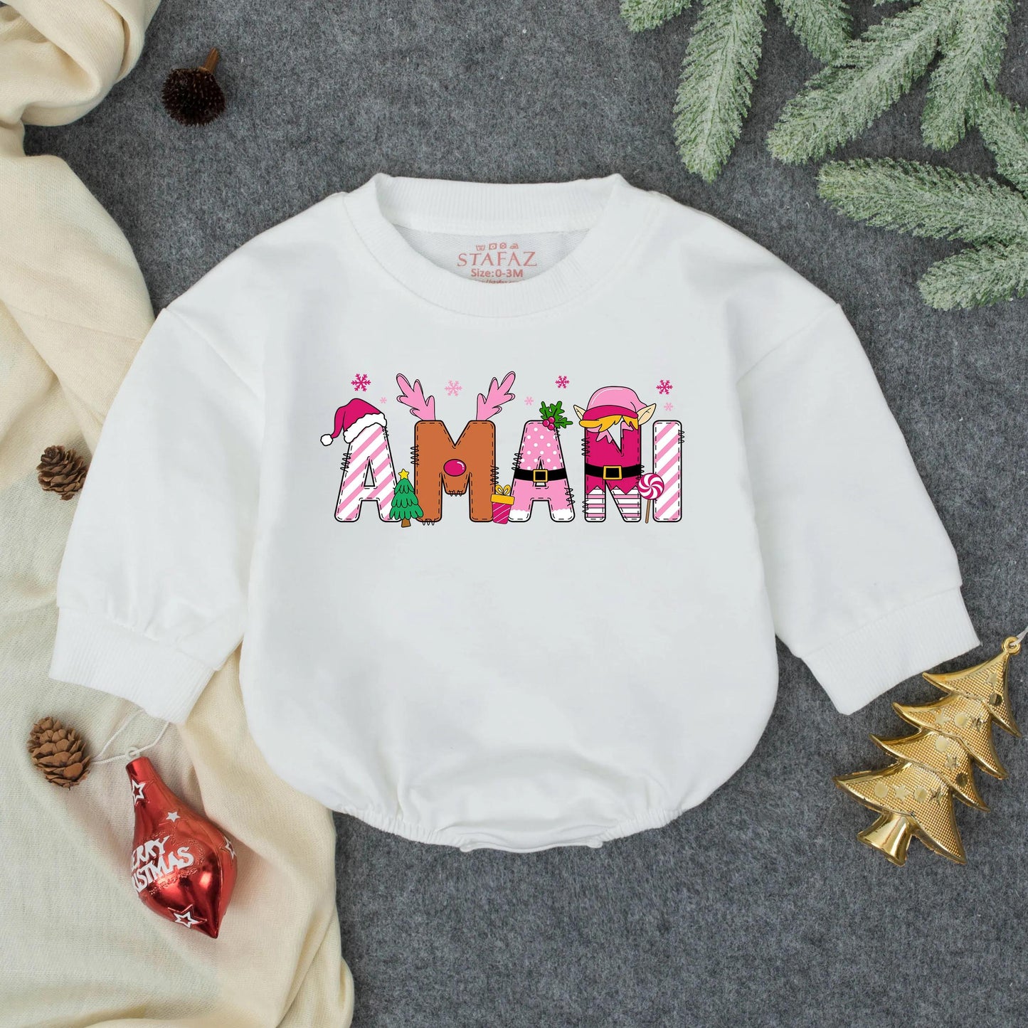 AMANI Girly Pink Christmas Bubble Romper Personalized First Holiday Baby Girl Outfit Toddler Bodysuit Winter Shower Gift