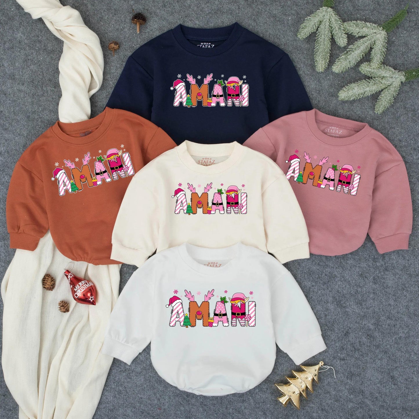 AMANI Girly Pink Christmas Bubble Romper Personalized First Holiday Baby Girl Outfit Toddler Bodysuit Winter Shower Gift